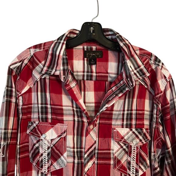 Helix Red Plaid Shirt Athletic Fit Roll L Tab Sleeves Embroidered Country Cherry - Picture 4 of 10